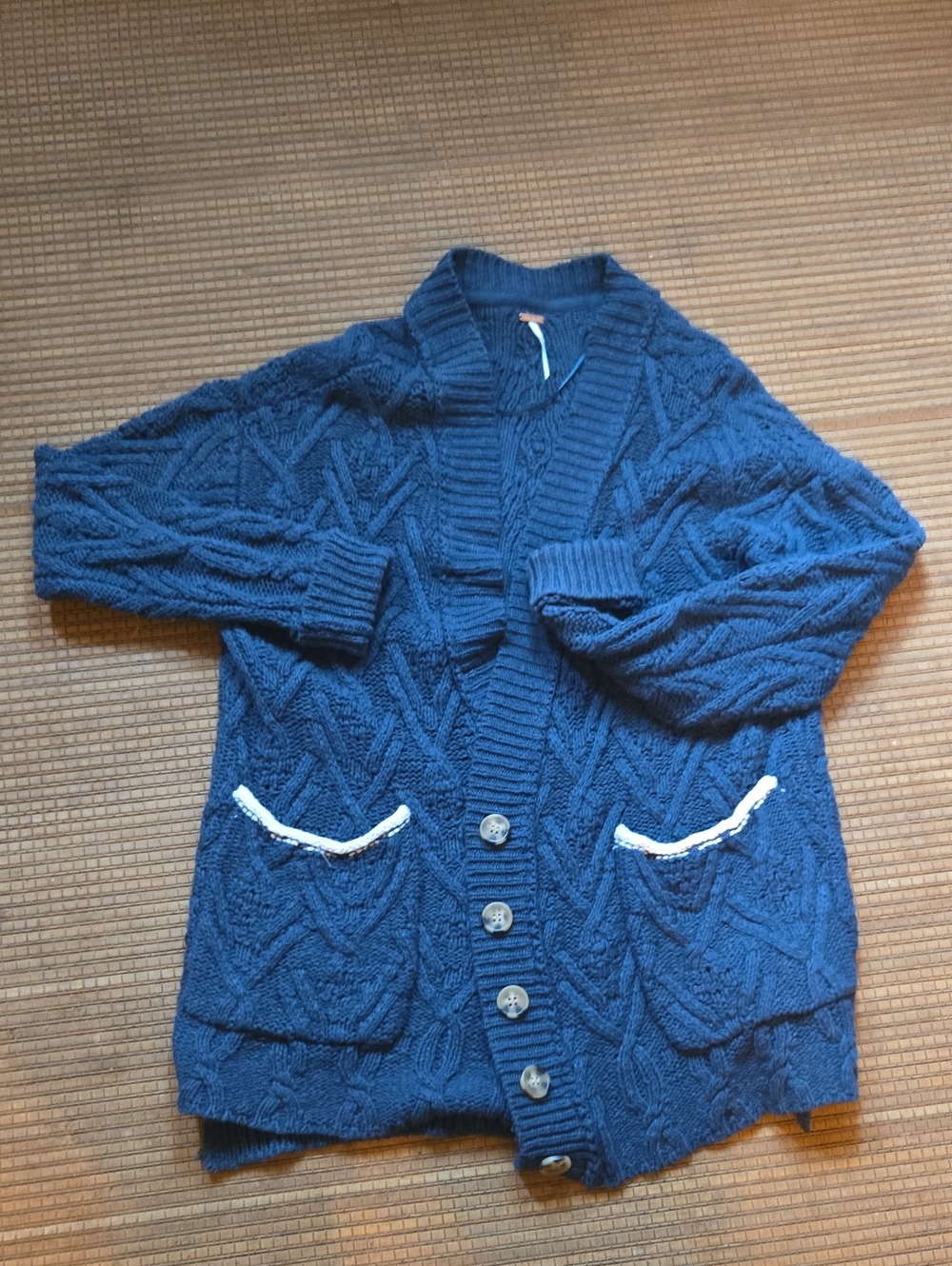Free People Navy Cable Knit Button-Up Cardigan with Contrast Trim